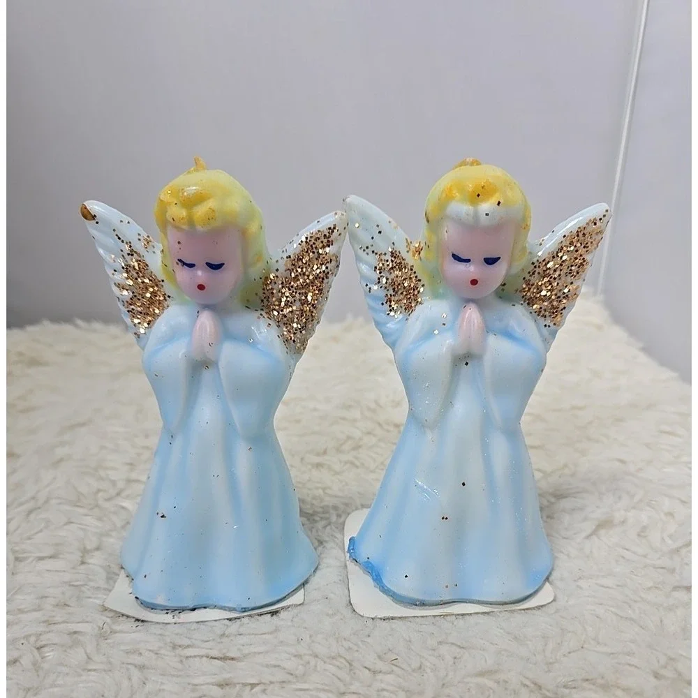 Vintage Pair of 2 Praying Angels Glitter Christmas Holiday Candle‎ 5